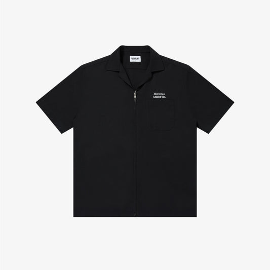 OPEN COLLARED S/S LINEN ZIP SHIRT BLACK