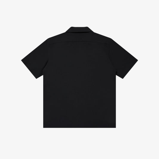 OPEN COLLARED S/S LINEN ZIP SHIRT BLACK